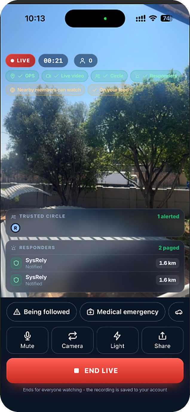 MzansiShield broadcasting live from the scene, with a LIVE badge, trusted circle alerted and responders paged