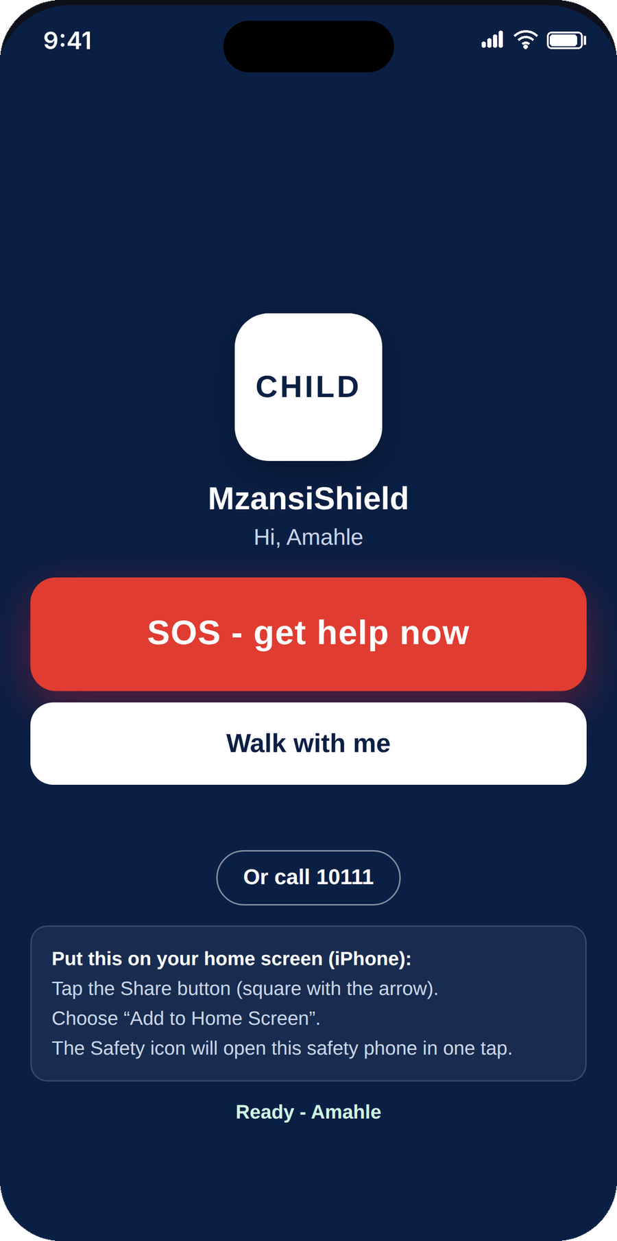 A child's MzansiShield safety phone showing just an SOS button, Walk with me and a way to call 10111
