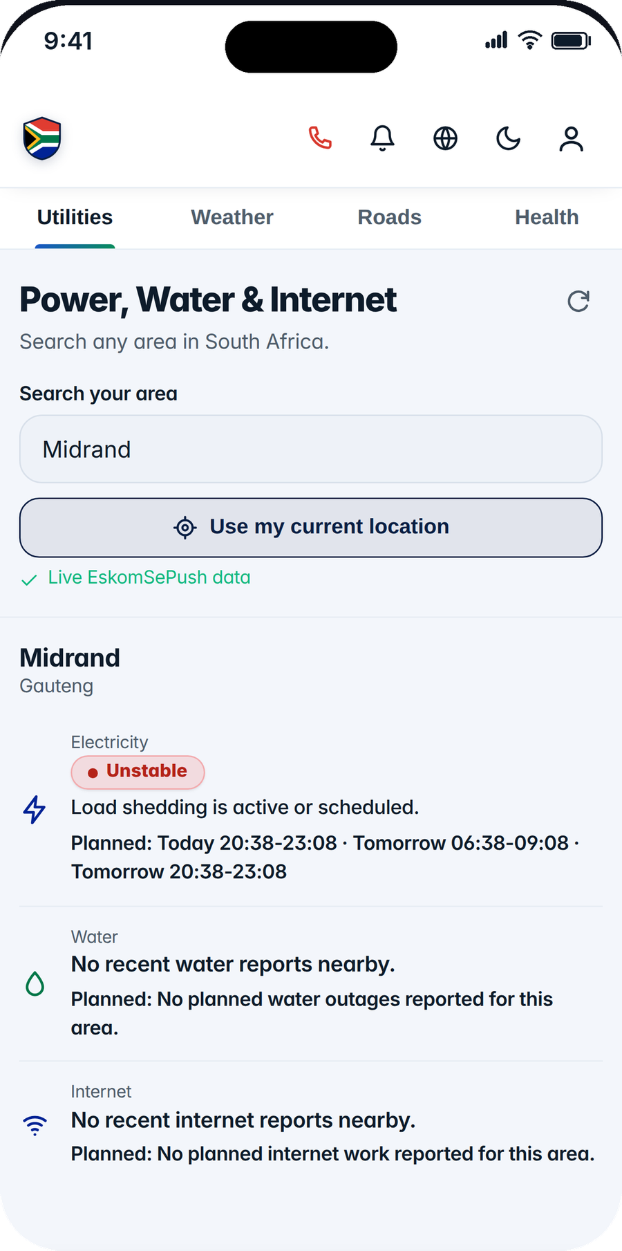 Live load-shedding status for any South African area