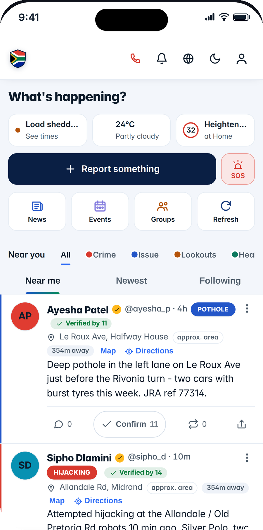 MzansiShield home showing whether your area is calm right now