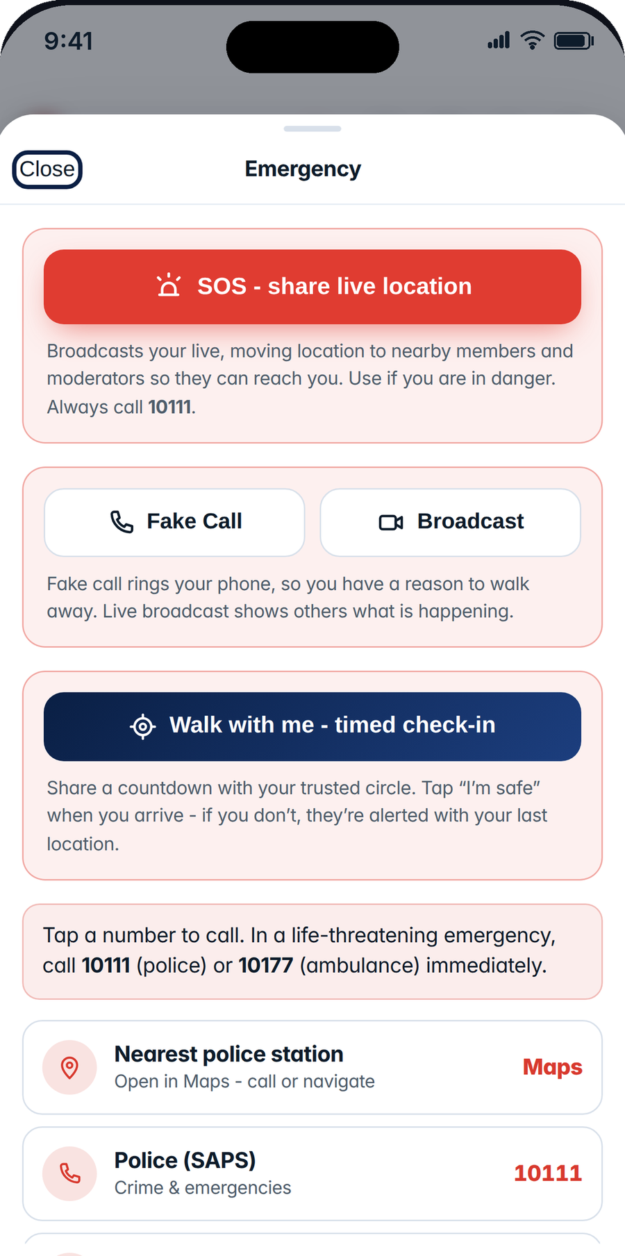 MzansiShield SOS emergency beacon broadcasting a live, moving location